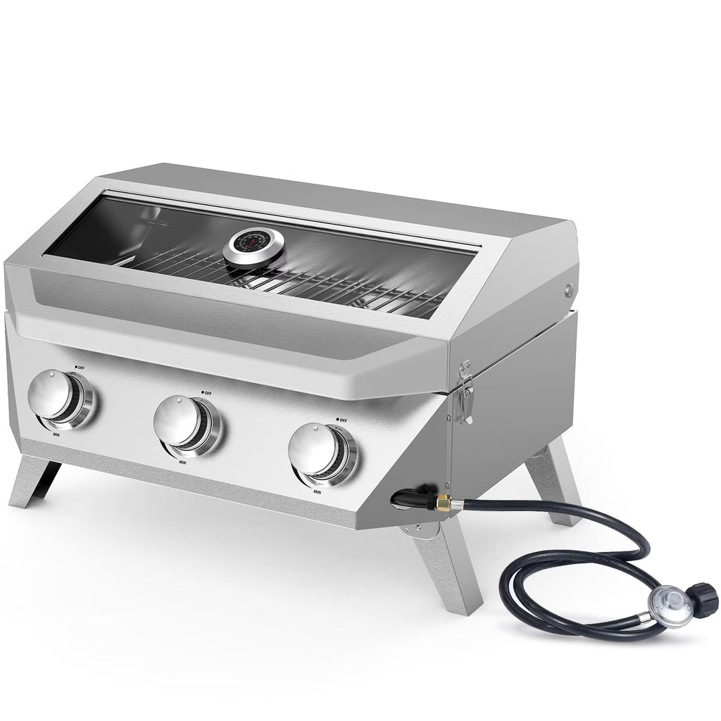 Frizi 3 Burner Tabletop Propane Gas Grill, 30,000 BTU Stainless Steel Portable BBQ Grill with Viewing Glass Lid, Thermometer and Push-Button Ignition