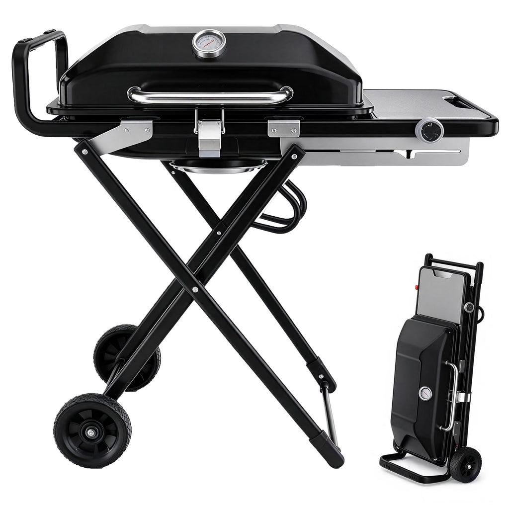 Frizi Portable Propane Grill and Griddle Combo, 13,000 BTU 2-in-1 Outdoor Gas BBQ Grill with Foldable Height-Adjustable Stand, Wheels, Side Table and Lid Thermometer