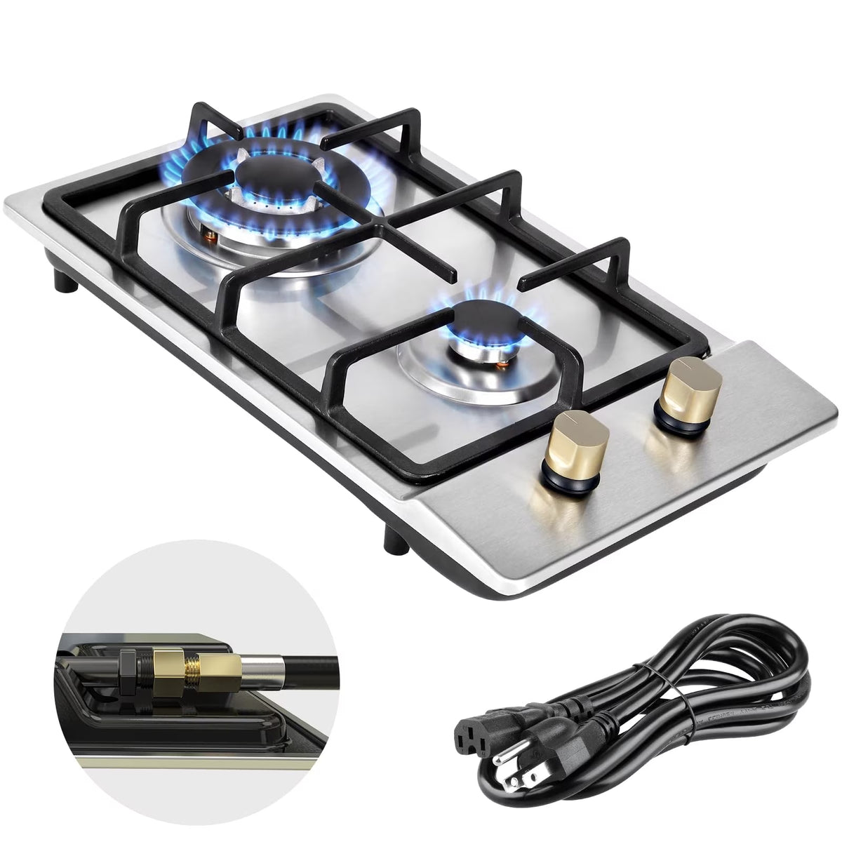 Frizi 12 Inch 2 Burner Gas Cooktop, LPG/NG Convertible Propane Stove with Stainless Steel Surface, Cast Iron Grates and Thermocouple Safety Protection
