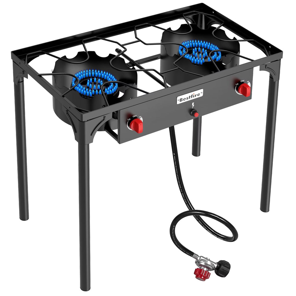 Frizi 2 Burner Propane Stove, 150,000 BTU High Pressure Outdoor Cooker with 20 PSI Adjustable Regulator and 4 ft Hose, Removable Legs for Camping and Backyard Cooking