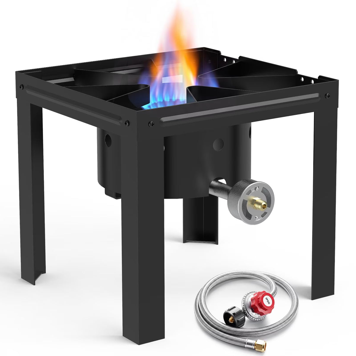 Frizi Single Burner Propane Stove, 80,000 BTU Outdoor Gas Cooker with 5 PSI Regulator, Cast Iron Burner and Steel Frame for Turkey Frying, Seafood Boil, Camping and Backyard Cooking