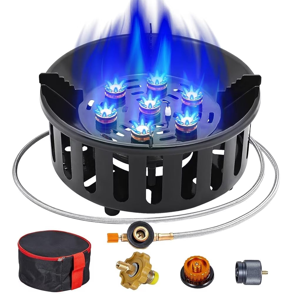 Frizi 72,000 BTU Propane Gas Stove, Windproof Portable Burner with Piezo Ignition, 4 ft Hose, 3 Adapters and Carrying Bag for Camping and Outdoor Cooking