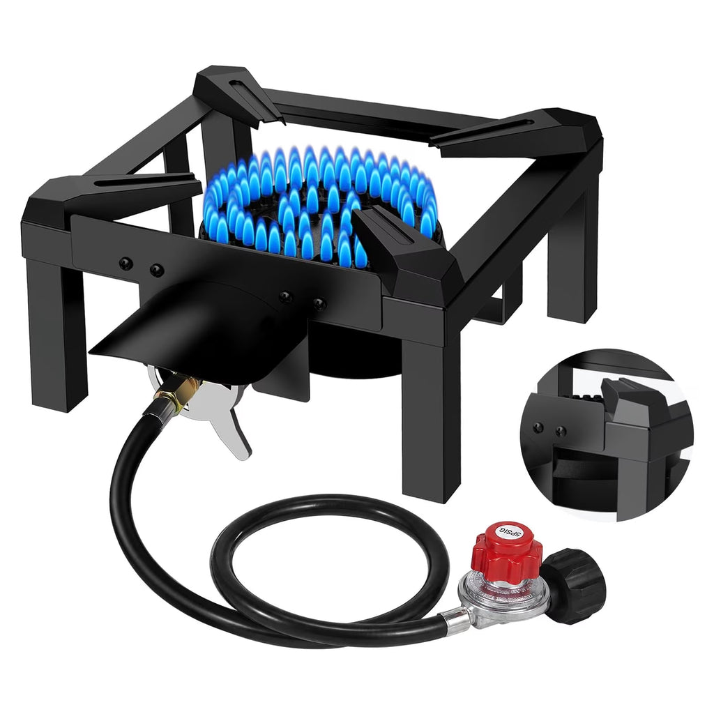 Frizi 100,000 BTU Propane Burner for Outdoor Cooking, Heavy Duty Cast Iron Single Burner Stove with Dual Heat Shields, 0-5 PSI Adjustable Regulator and 4.1 ft Steel Braided Hose