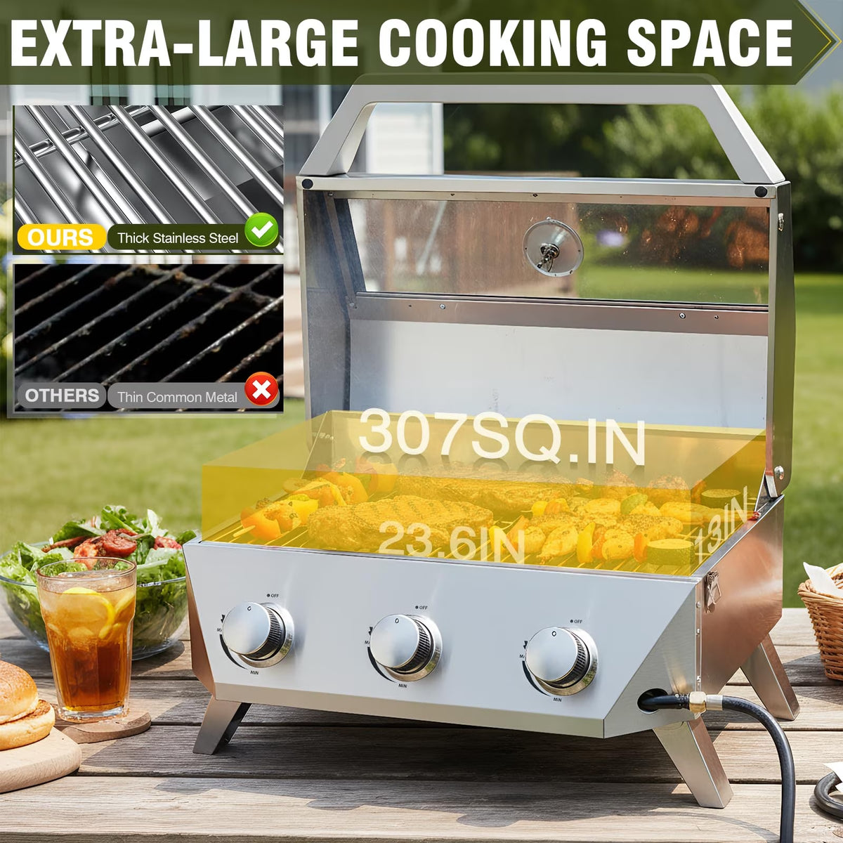 Frizi 3 Burner Tabletop Propane Gas Grill, 30,000 BTU Stainless Steel Portable BBQ Grill with Viewing Glass Lid, Thermometer and Push-Button Ignition