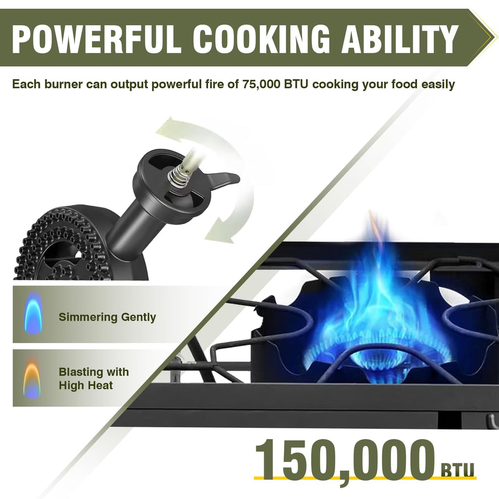 Frizi 2 Burner Propane Stove, 150,000 BTU High Pressure Outdoor Cooker with 20 PSI Adjustable Regulator and 4 ft Hose, Removable Legs for Camping and Backyard Cooking