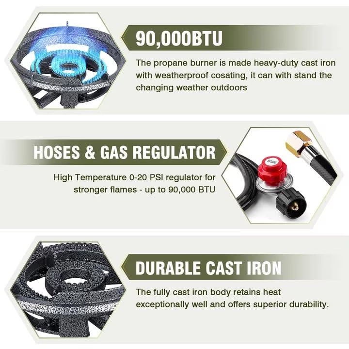 Frizi 90,000 BTU Cast Iron Propane Burner, 13-Inch Single Burner Wok Stove with Adjustable Regulator and 4 ft Hose for Outdoor Cooking and Camping