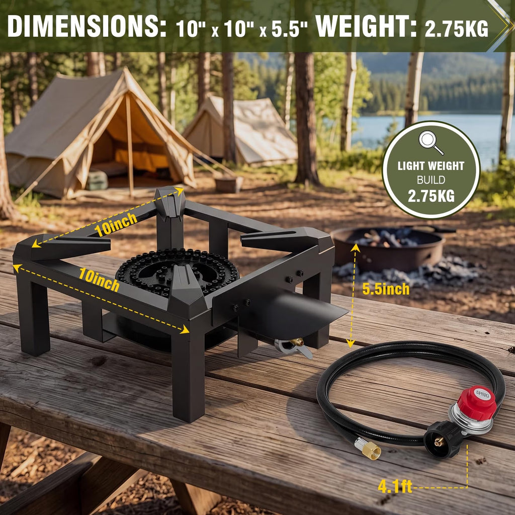 Frizi 100,000 BTU Propane Burner for Outdoor Cooking, Heavy Duty Cast Iron Single Burner Stove with Dual Heat Shields, 0-5 PSI Adjustable Regulator and 4.1 ft Steel Braided Hose