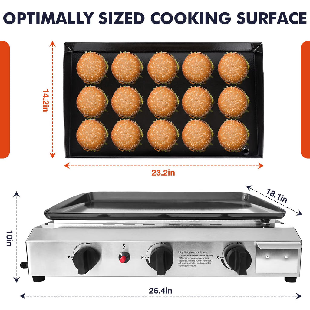 Frizi 30,000 BTU 3-Burner Flat Top Portable Propane Gas Grill with Auto Ignition, Stainless Steel Tabletop Griddle for Camping, BBQ, and Outdoor Cooking
