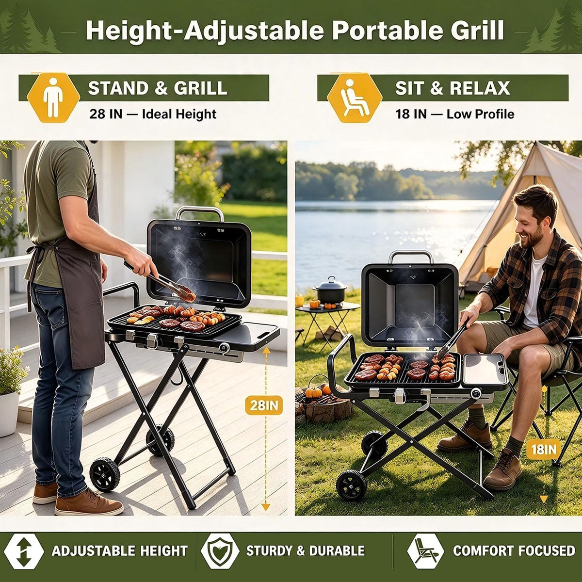 Frizi Portable Propane Grill and Griddle Combo, 13,000 BTU 2-in-1 Outdoor Gas BBQ Grill with Foldable Height-Adjustable Stand, Wheels, Side Table and Lid Thermometer
