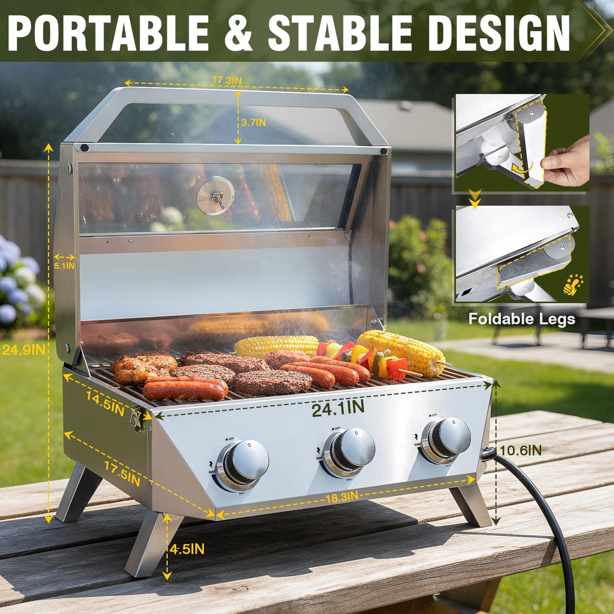 Frizi 3 Burner Tabletop Propane Gas Grill, 30,000 BTU Stainless Steel Portable BBQ Grill with Viewing Glass Lid, Thermometer and Push-Button Ignition