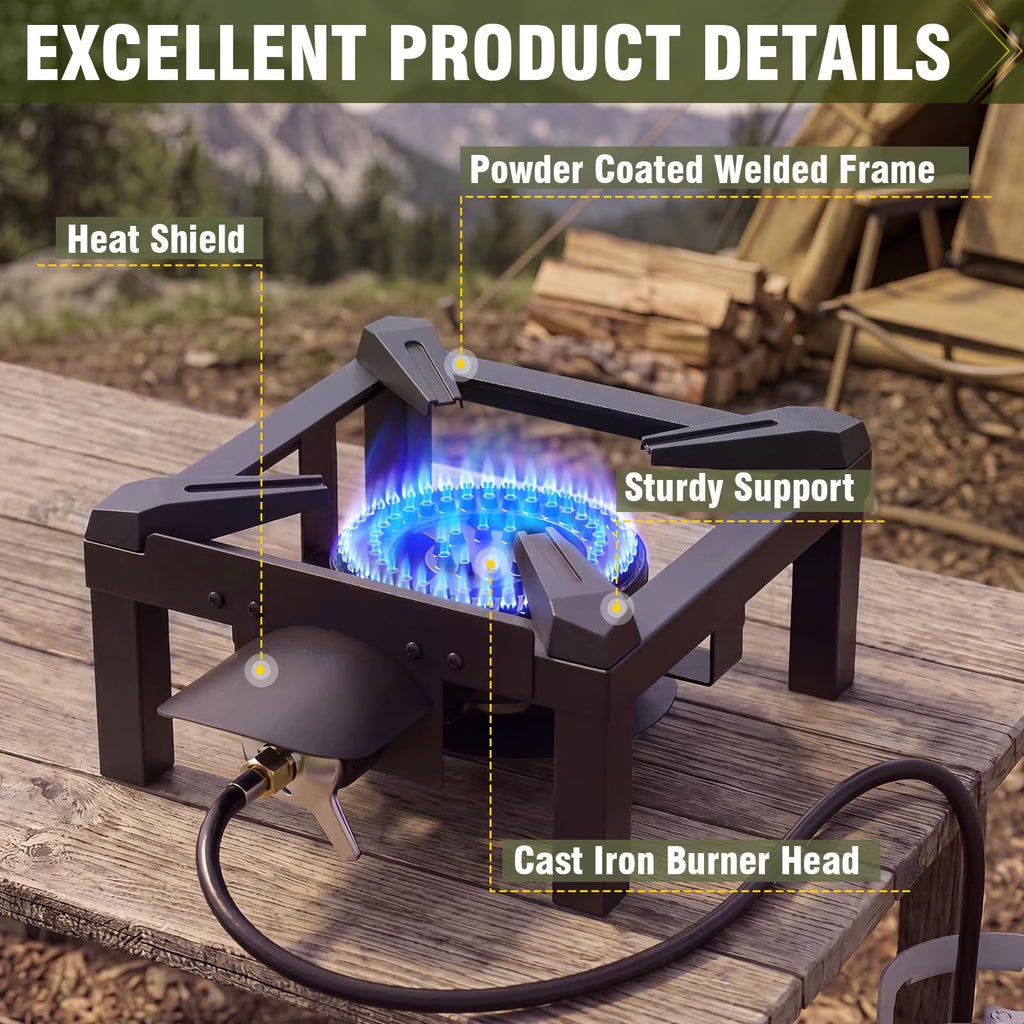 Frizi 100,000 BTU Propane Burner for Outdoor Cooking, Heavy Duty Cast Iron Single Burner Stove with Dual Heat Shields, 0-5 PSI Adjustable Regulator and 4.1 ft Steel Braided Hose