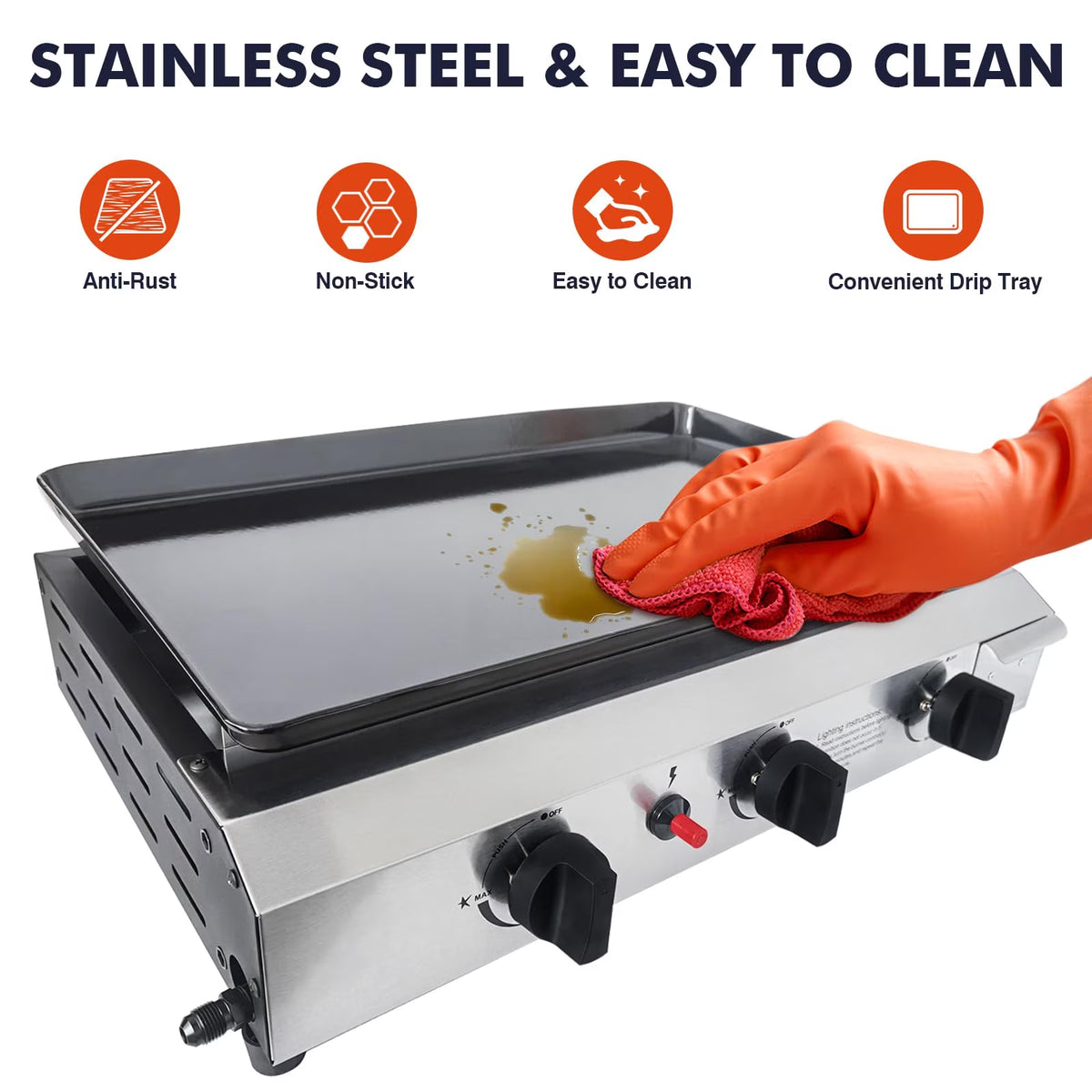 Frizi 30,000 BTU 3-Burner Flat Top Portable Propane Gas Grill with Auto Ignition, Stainless Steel Tabletop Griddle for Camping, BBQ, and Outdoor Cooking
