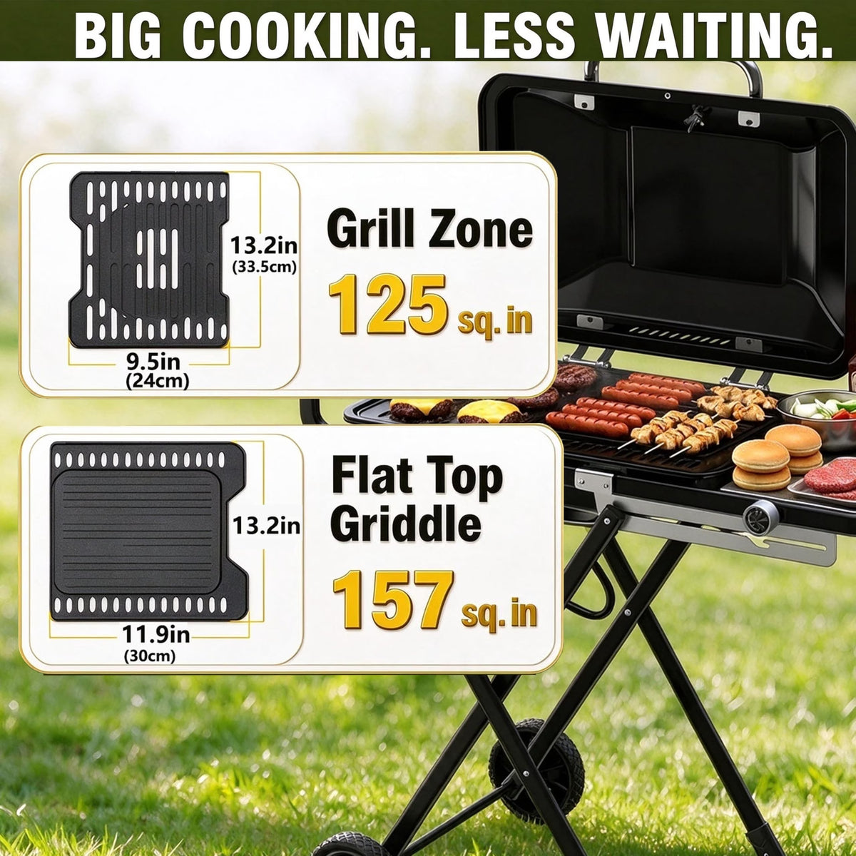 Frizi Portable Propane Grill and Griddle Combo, 13,000 BTU 2-in-1 Outdoor Gas BBQ Grill with Foldable Height-Adjustable Stand, Wheels, Side Table and Lid Thermometer