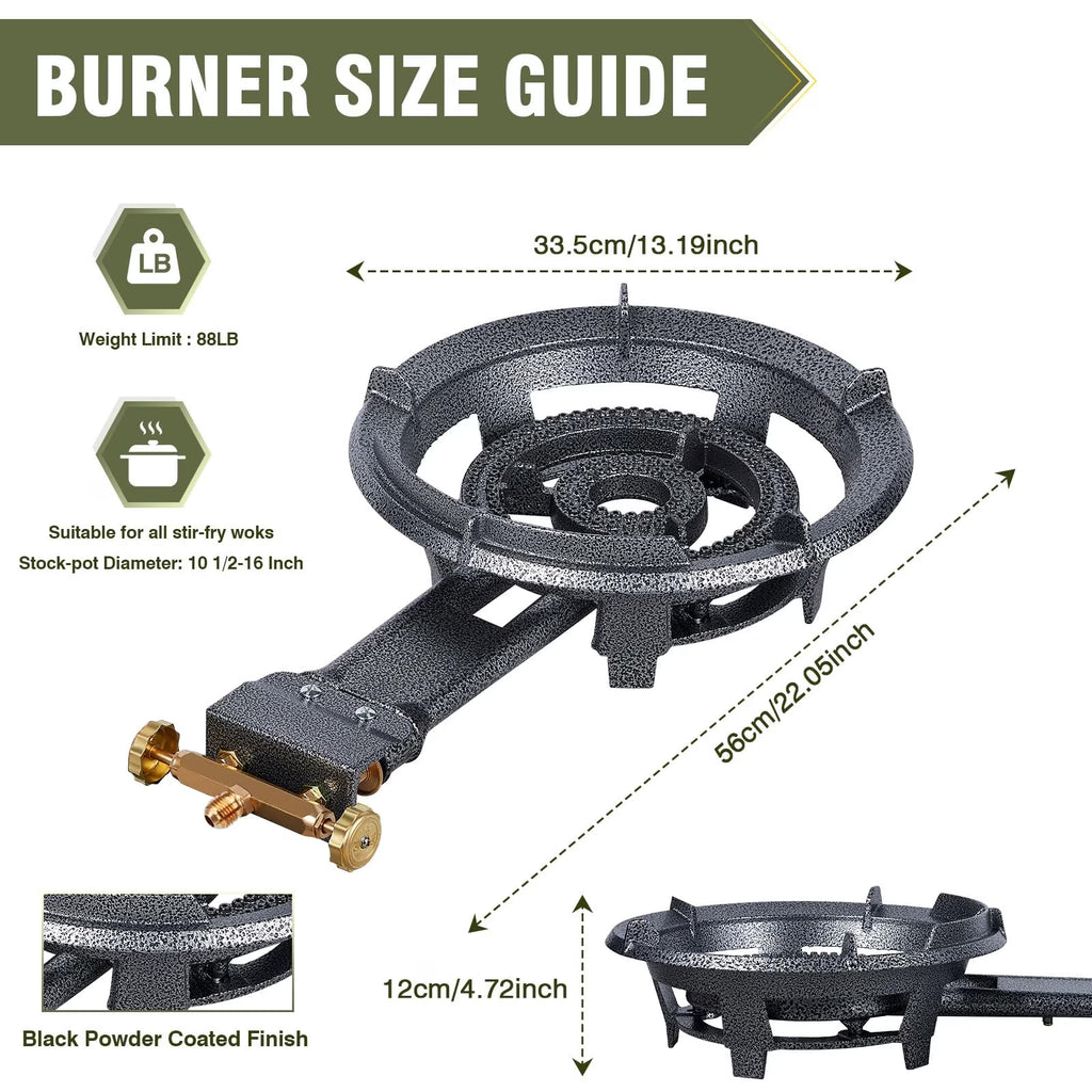 Frizi 90,000 BTU Cast Iron Propane Burner, 13-Inch Single Burner Wok Stove with Adjustable Regulator and 4 ft Hose for Outdoor Cooking and Camping