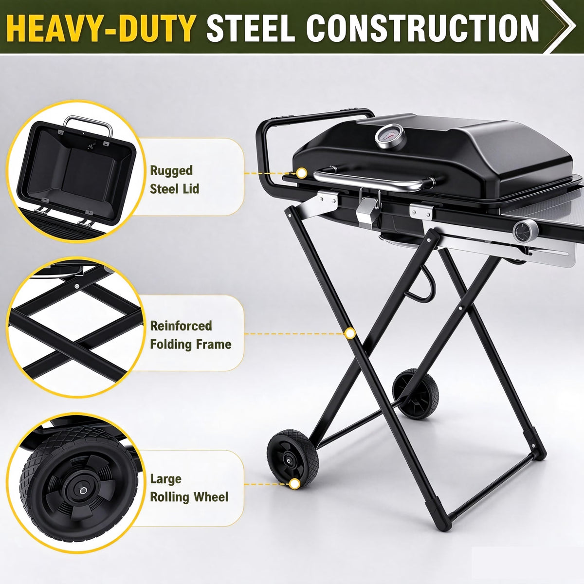 Frizi Portable Propane Grill and Griddle Combo, 13,000 BTU 2-in-1 Outdoor Gas BBQ Grill with Foldable Height-Adjustable Stand, Wheels, Side Table and Lid Thermometer
