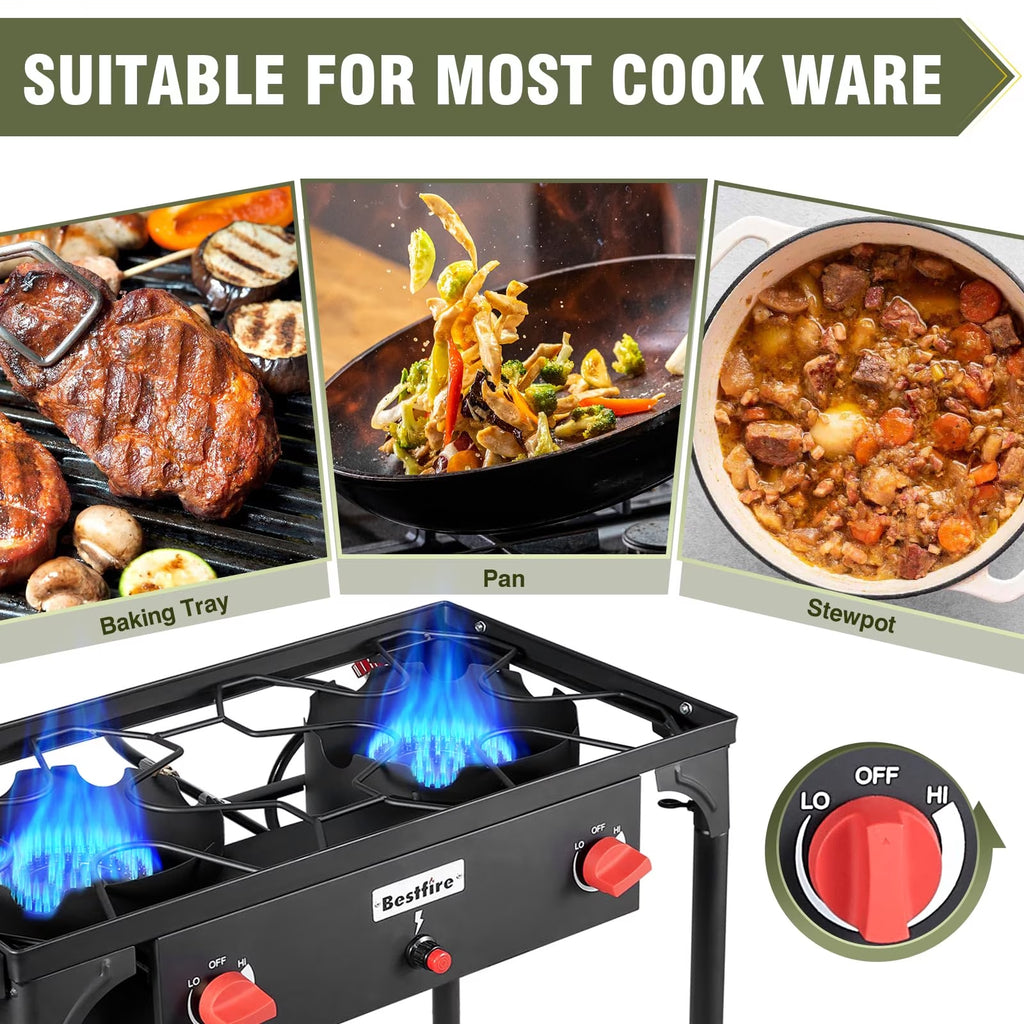 Frizi 2 Burner Propane Stove, 150,000 BTU High Pressure Outdoor Cooker with 20 PSI Adjustable Regulator and 4 ft Hose, Removable Legs for Camping and Backyard Cooking