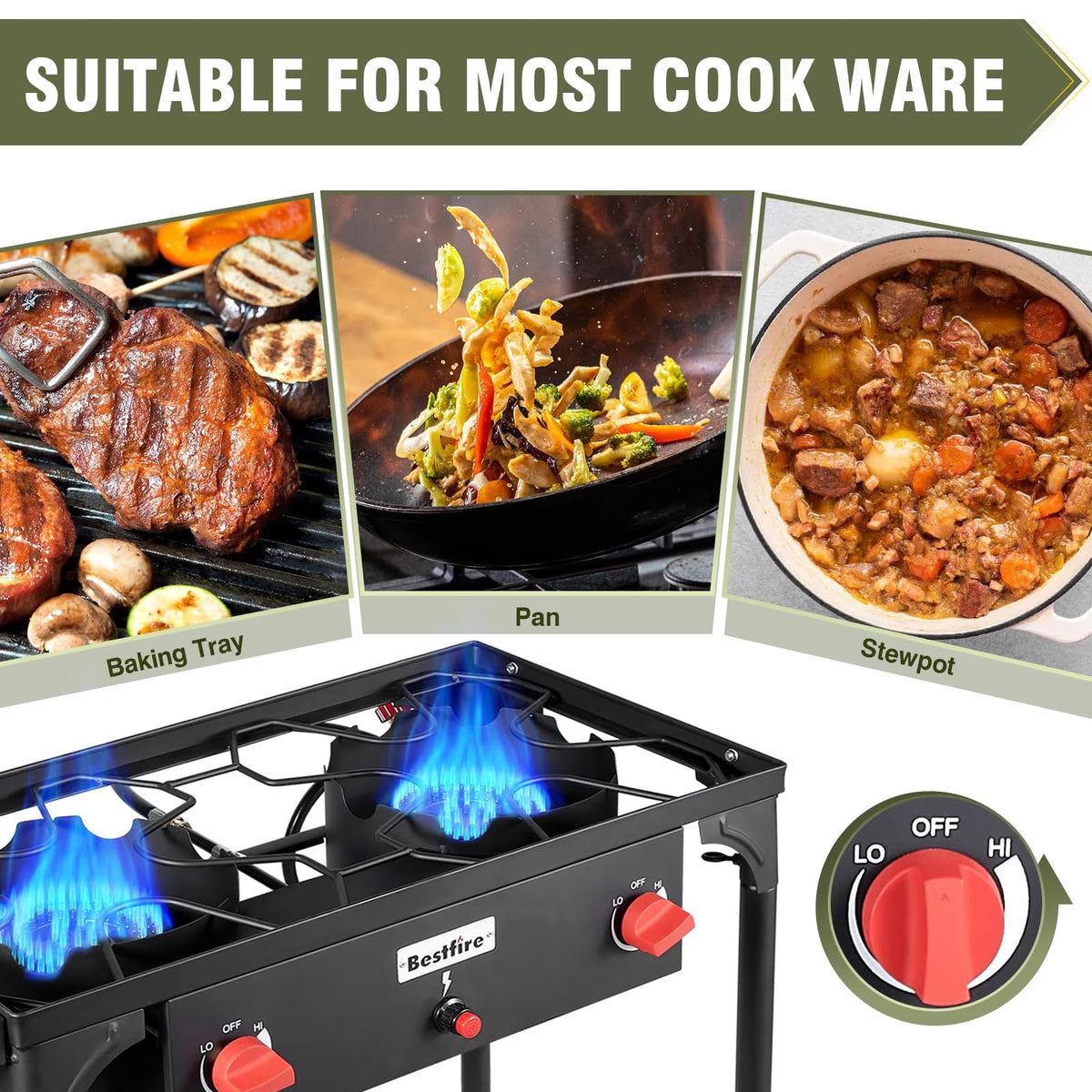 Frizi 2 Burner Propane Stove, 150,000 BTU High Pressure Outdoor Cooker with 20 PSI Adjustable Regulator and 4 ft Hose, Removable Legs for Camping and Backyard Cooking