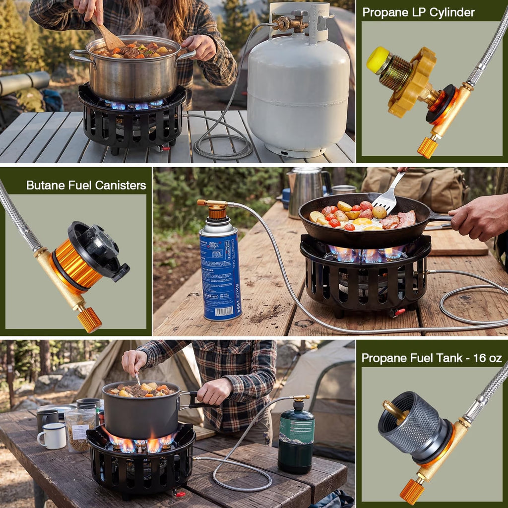 Frizi 72,000 BTU Propane Gas Stove, Windproof Portable Burner with Piezo Ignition, 4 ft Hose, 3 Adapters and Carrying Bag for Camping and Outdoor Cooking