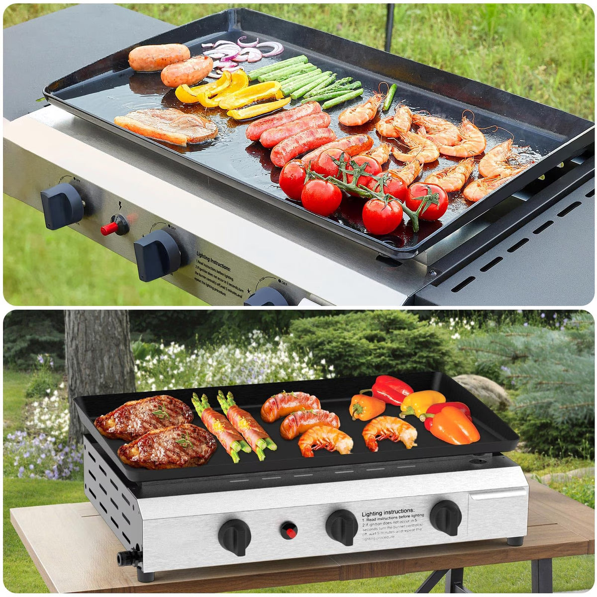 Frizi 30,000 BTU 3-Burner Flat Top Portable Propane Gas Grill with Auto Ignition, Stainless Steel Tabletop Griddle for Camping, BBQ, and Outdoor Cooking