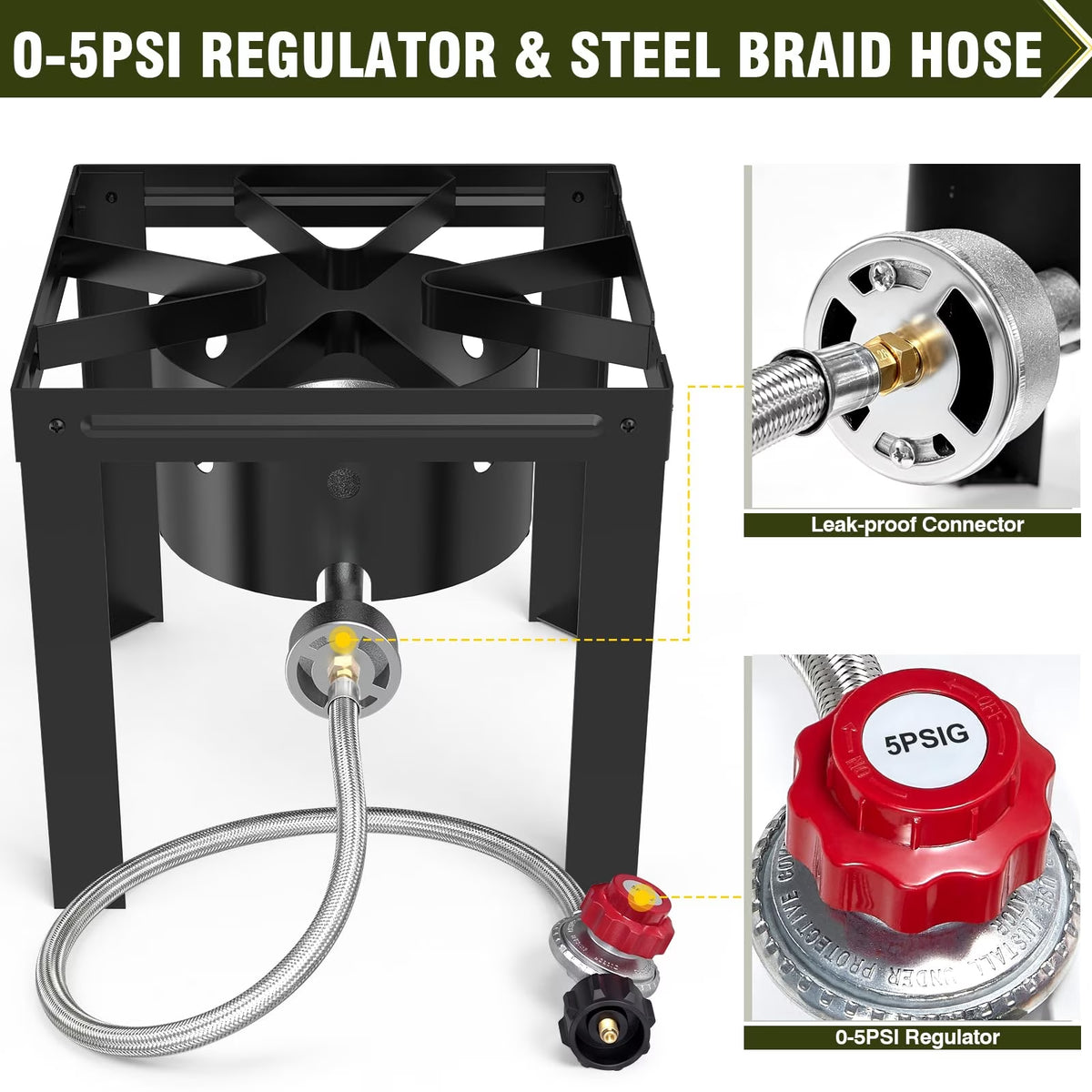 Frizi Single Burner Propane Stove, 80,000 BTU Outdoor Gas Cooker with 5 PSI Regulator, Cast Iron Burner and Steel Frame for Turkey Frying, Seafood Boil, Camping and Backyard Cooking
