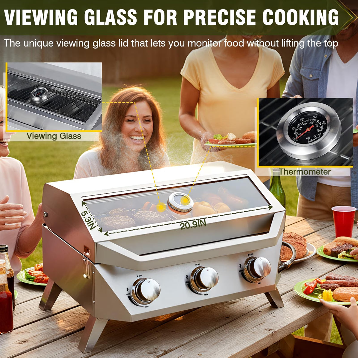 Frizi 3 Burner Tabletop Propane Gas Grill, 30,000 BTU Stainless Steel Portable BBQ Grill with Viewing Glass Lid, Thermometer and Push-Button Ignition