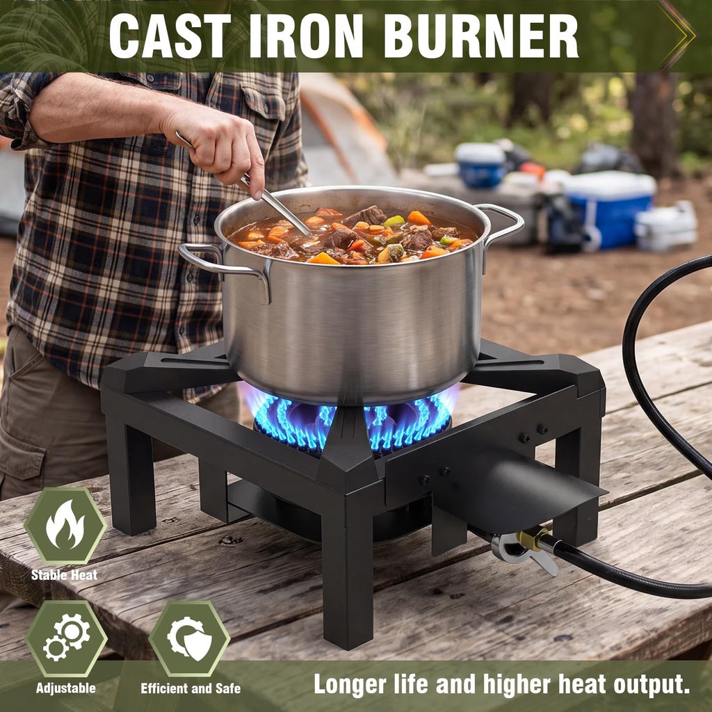 Frizi 100,000 BTU Propane Burner for Outdoor Cooking, Heavy Duty Cast Iron Single Burner Stove with Dual Heat Shields, 0-5 PSI Adjustable Regulator and 4.1 ft Steel Braided Hose