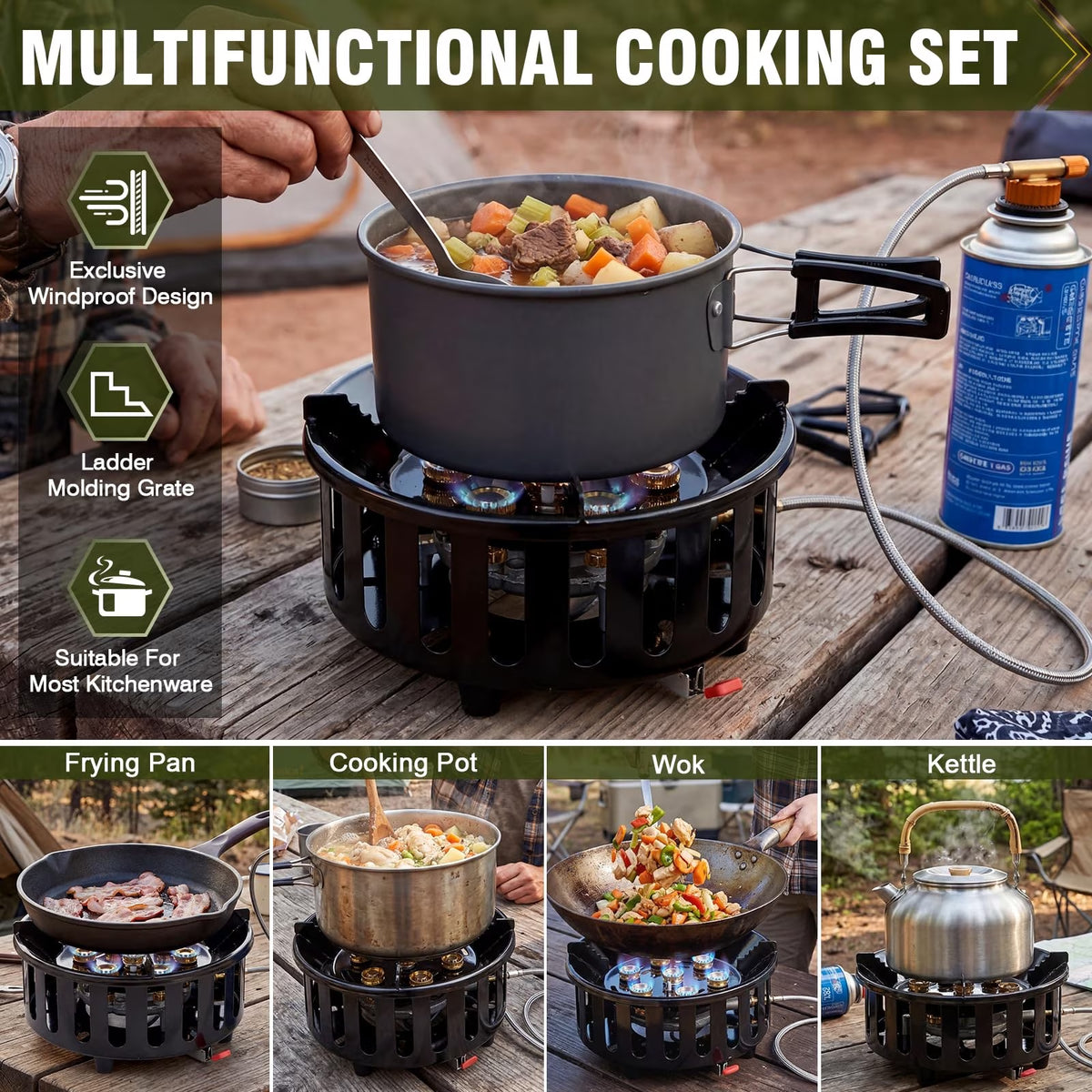 Frizi 72,000 BTU Propane Gas Stove, Windproof Portable Burner with Piezo Ignition, 4 ft Hose, 3 Adapters and Carrying Bag for Camping and Outdoor Cooking