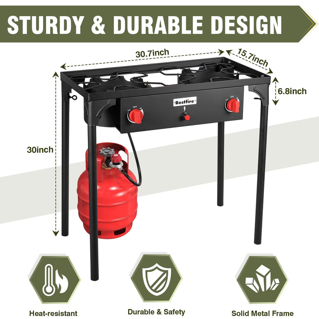 Frizi 2 Burner Propane Stove, 150,000 BTU High Pressure Outdoor Cooker with 20 PSI Adjustable Regulator and 4 ft Hose, Removable Legs for Camping and Backyard Cooking