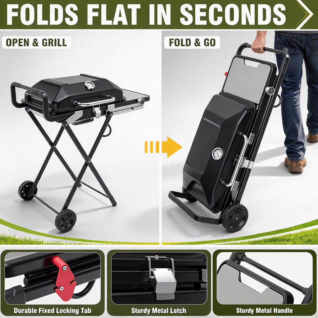 Frizi Portable Propane Grill and Griddle Combo, 13,000 BTU 2-in-1 Outdoor Gas BBQ Grill with Foldable Height-Adjustable Stand, Wheels, Side Table and Lid Thermometer