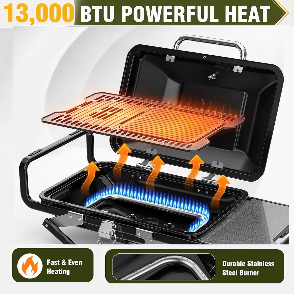 Frizi Portable Propane Grill and Griddle Combo, 13,000 BTU 2-in-1 Outdoor Gas BBQ Grill with Foldable Height-Adjustable Stand, Wheels, Side Table and Lid Thermometer
