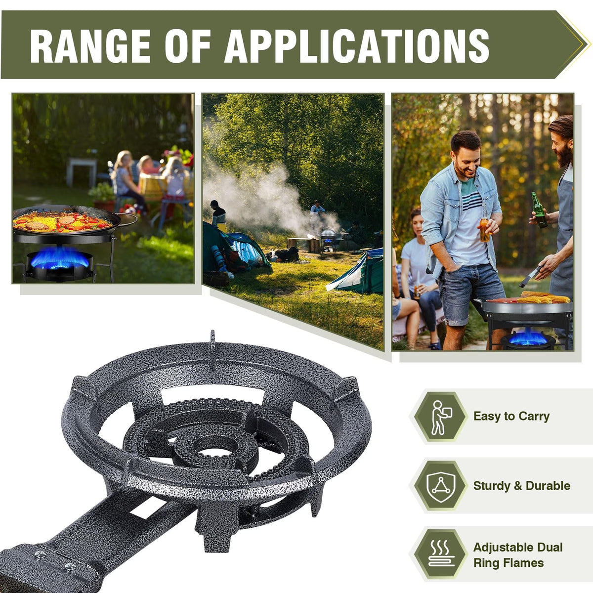 Frizi 90,000 BTU Cast Iron Propane Burner, 13-Inch Single Burner Wok Stove with Adjustable Regulator and 4 ft Hose for Outdoor Cooking and Camping