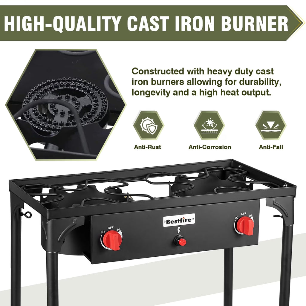Frizi 2 Burner Propane Stove, 150,000 BTU High Pressure Outdoor Cooker with 20 PSI Adjustable Regulator and 4 ft Hose, Removable Legs for Camping and Backyard Cooking