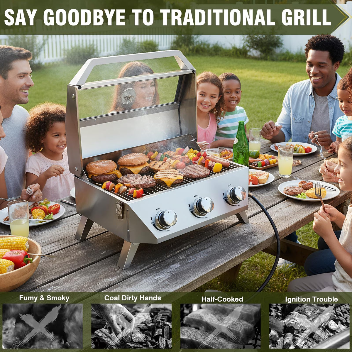 Frizi 3 Burner Tabletop Propane Gas Grill, 30,000 BTU Stainless Steel Portable BBQ Grill with Viewing Glass Lid, Thermometer and Push-Button Ignition