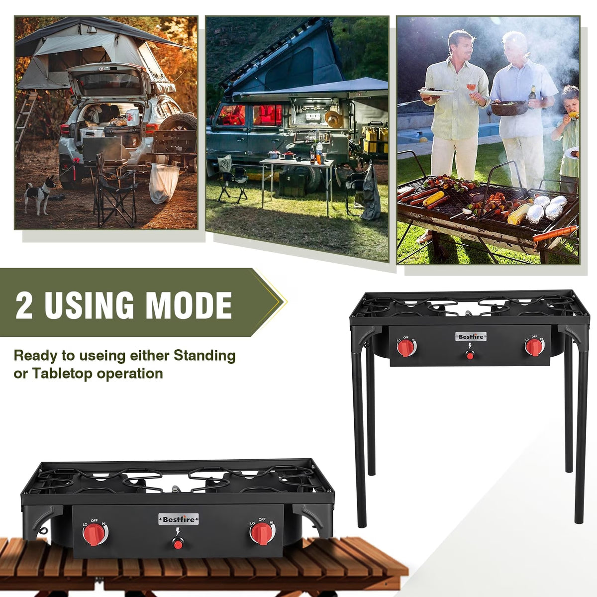 Frizi 2 Burner Propane Stove, 150,000 BTU High Pressure Outdoor Cooker with 20 PSI Adjustable Regulator and 4 ft Hose, Removable Legs for Camping and Backyard Cooking