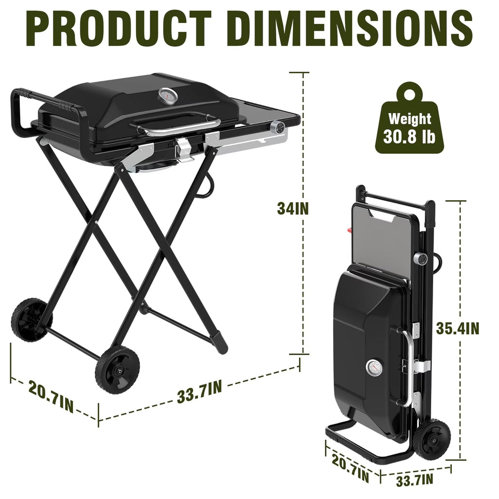 Frizi Portable Propane Grill and Griddle Combo, 13,000 BTU 2-in-1 Outdoor Gas BBQ Grill with Foldable Height-Adjustable Stand, Wheels, Side Table and Lid Thermometer