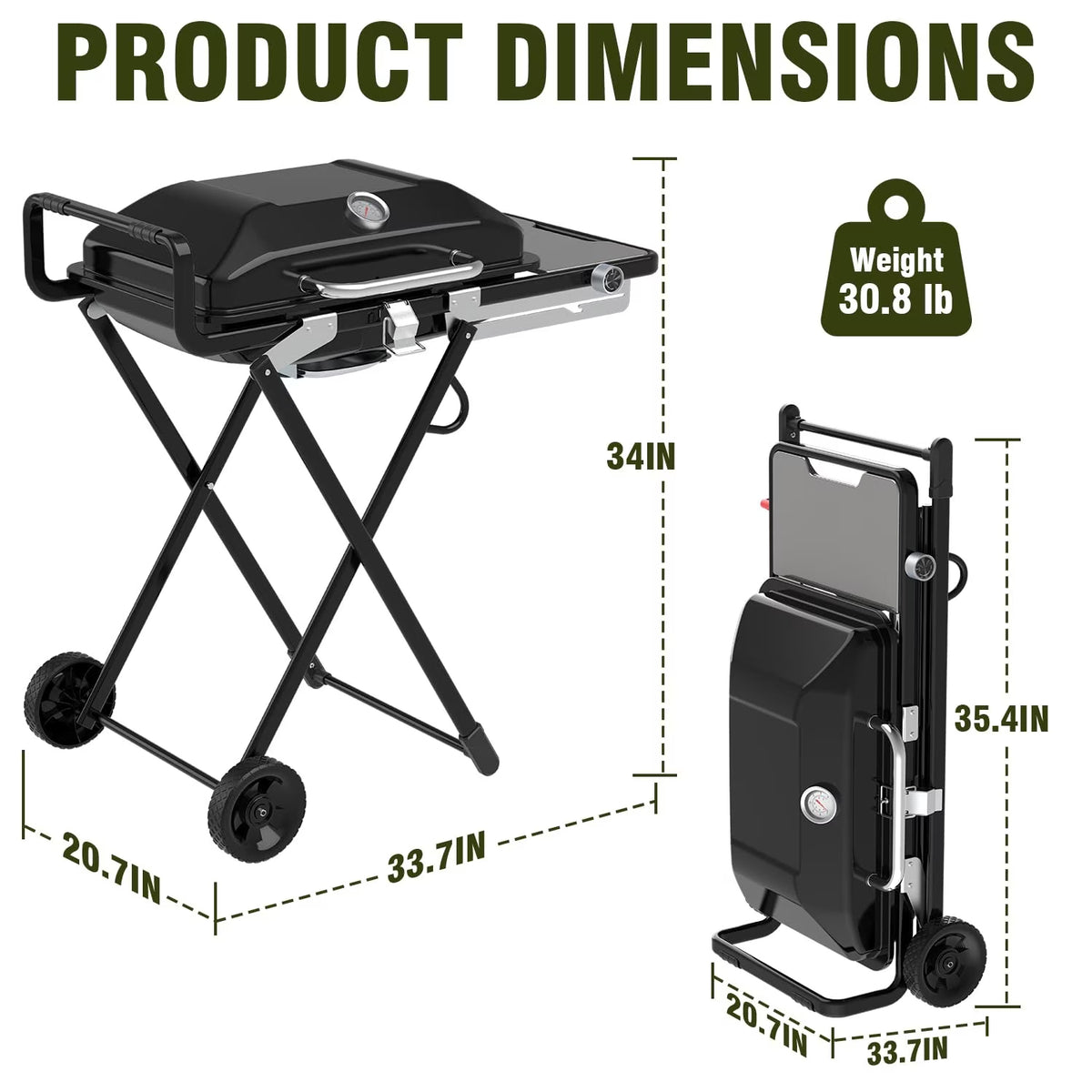 Frizi Portable Propane Grill and Griddle Combo, 13,000 BTU 2-in-1 Outdoor Gas BBQ Grill with Foldable Height-Adjustable Stand, Wheels, Side Table and Lid Thermometer