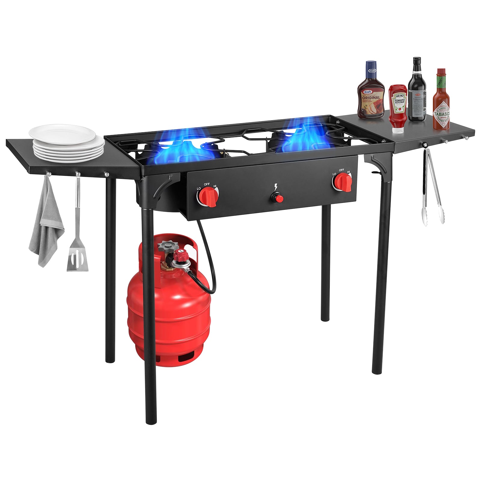 150,000 BTU 2-Burner Camping Stove with Auto Ignition, Side Shelves & Removable Legs