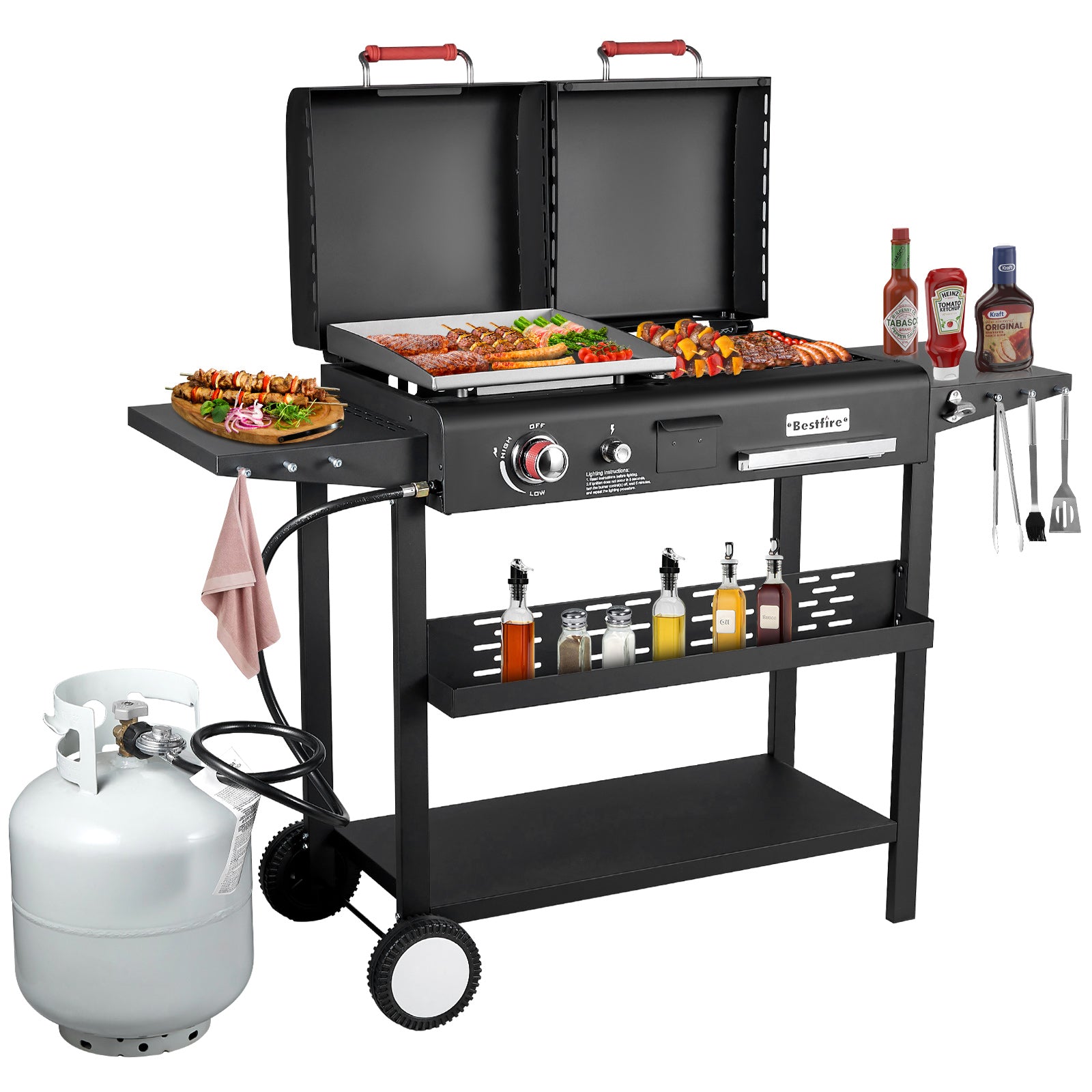 Propane Gas Griddle Charcoal Grill Combo Flat Top Griddle W/Dual Lids & 2 Side Shelves Dual Fuel BBQ Grill for Outdoor Barbecue