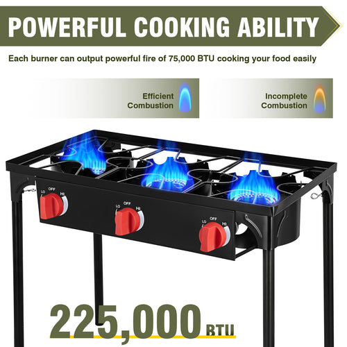 225,000 BTU 3-Burner Propane Camping Stove with Auto Ignition & Removable Legs