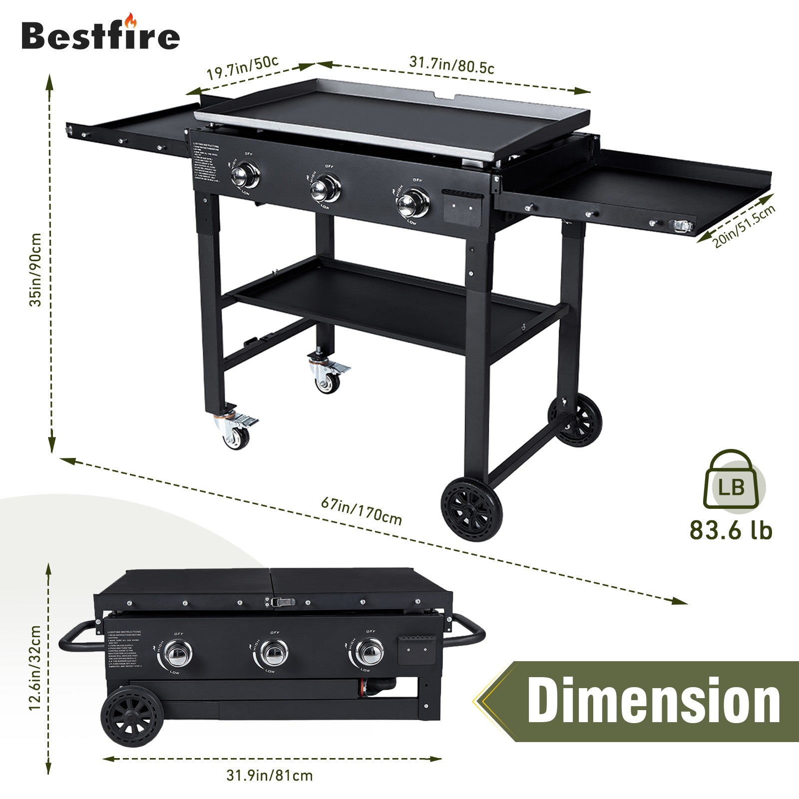 3-Burner Foldable Flat Top Propane Grill – 36" Outdoor Gas Griddle, 45,000 BTU