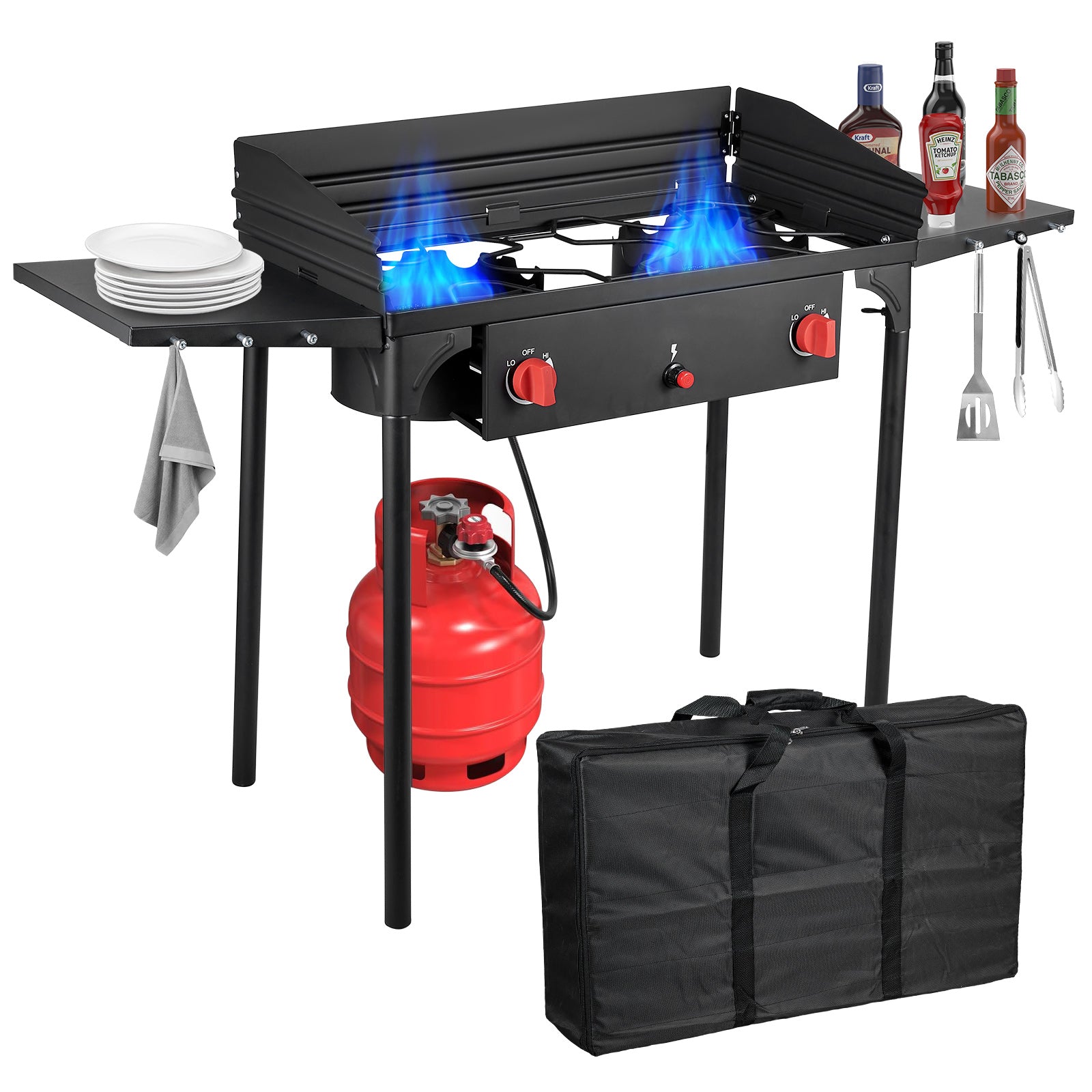 150,000 BTU 2-Burner Propane Camping Stove with Wind Panels, Auto Ignition & Removable Legs