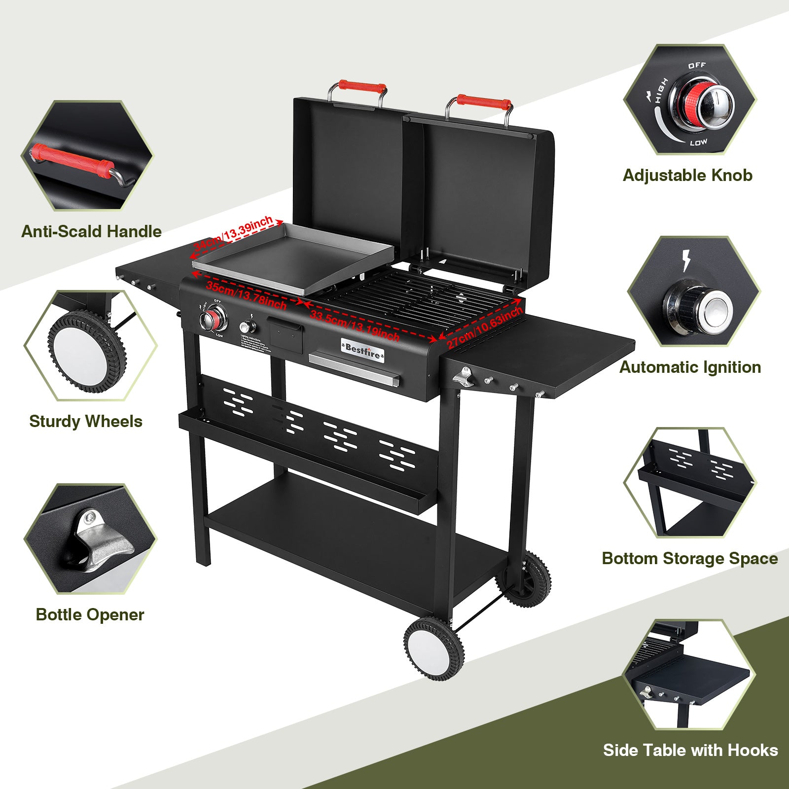 Propane Gas Griddle Charcoal Grill Combo Flat Top Griddle W/Dual Lids & 2 Side Shelves Dual Fuel BBQ Grill for Outdoor Barbecue