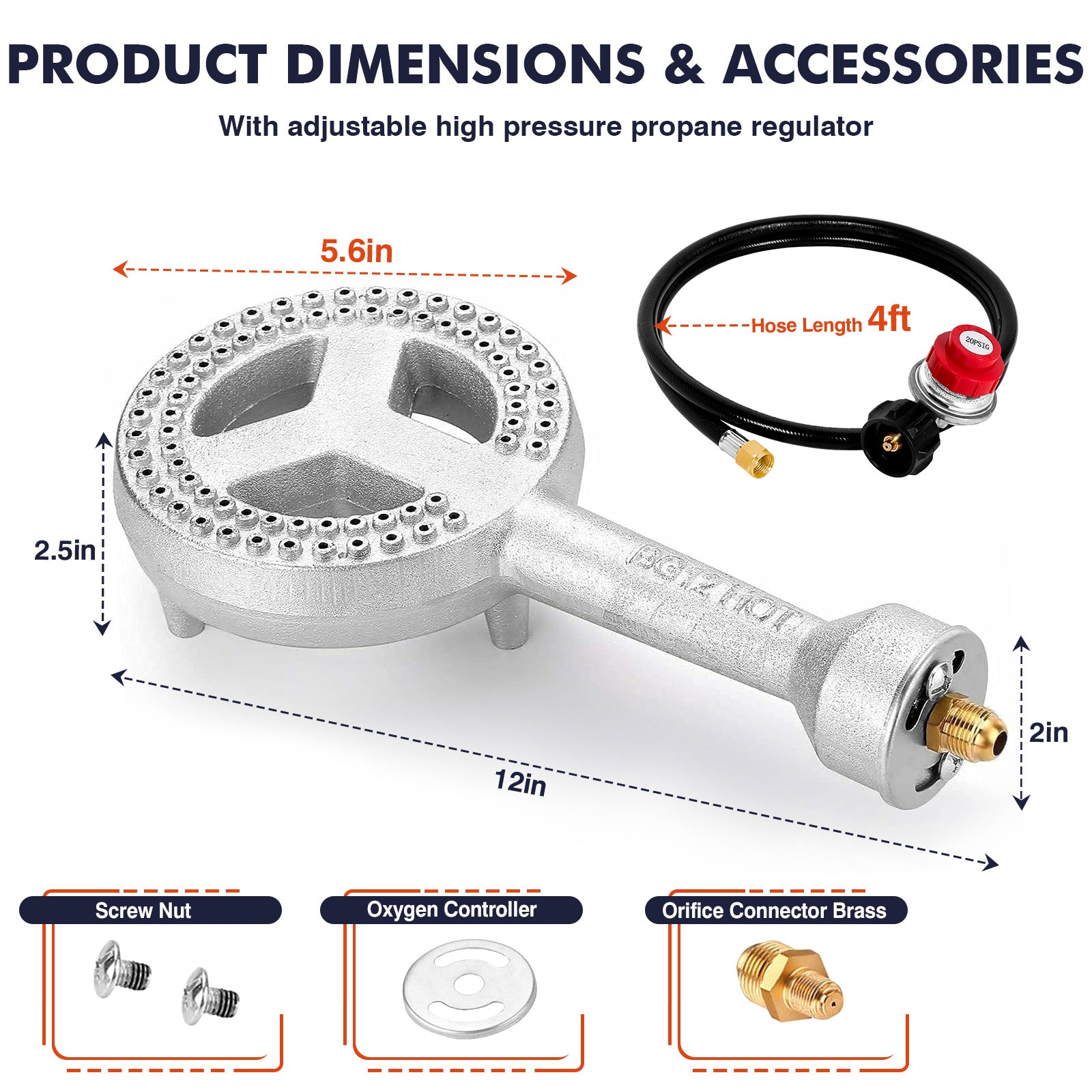 Frizi High Pressure Cast Iron Round Burner Head - 0-20 PSI Adjustable Regulator, 4.1ft Hose & Brass Fitting - for Outdoor Cooking, Camping, Brewing & BBQ