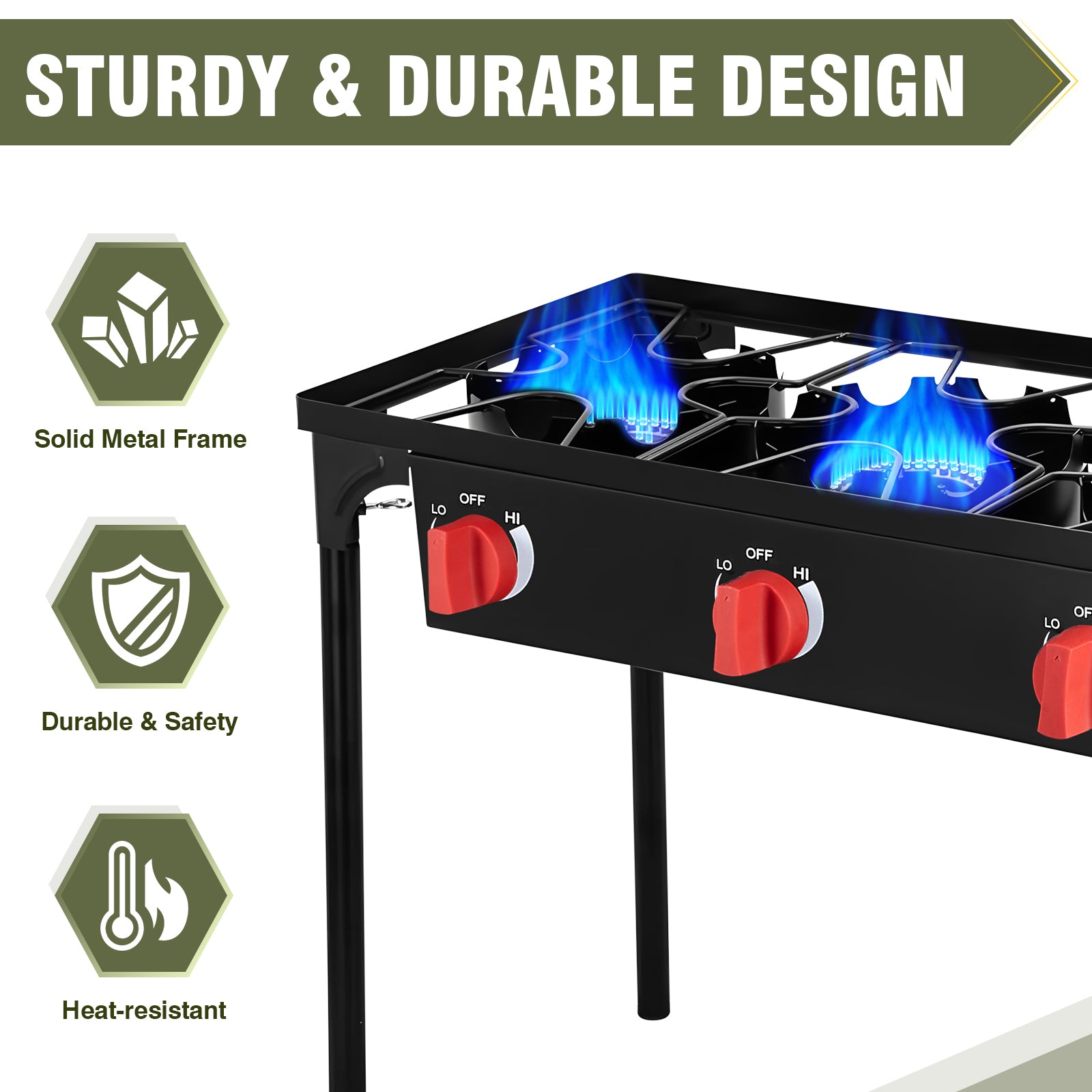 225,000 BTU 3-Burner Propane Camping Stove with Auto Ignition & Removable Legs