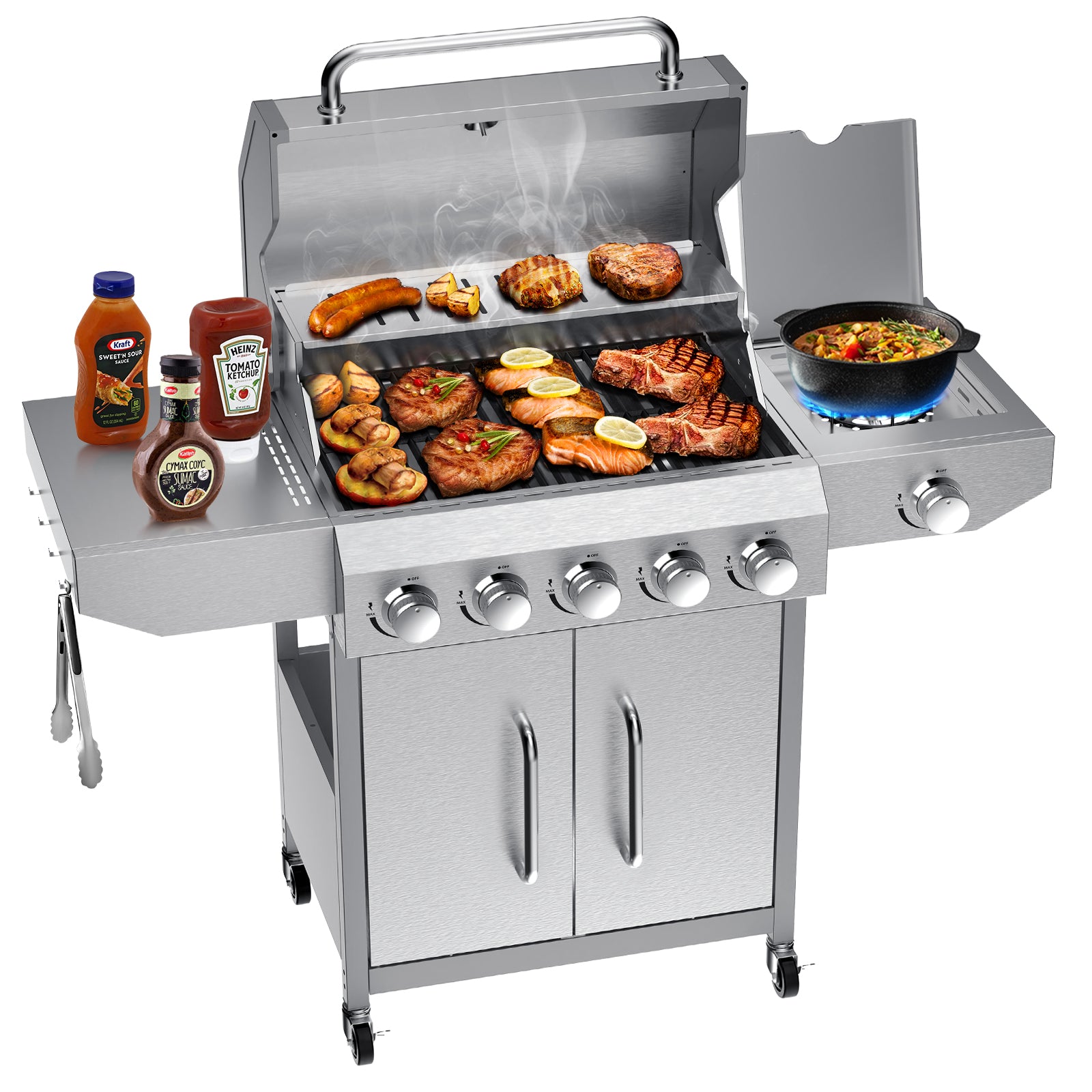 68,000 BTU 5-Burner Stainless Steel Propane Gas Grill with Side Burner – Outdoor BBQ Grill for Backyard