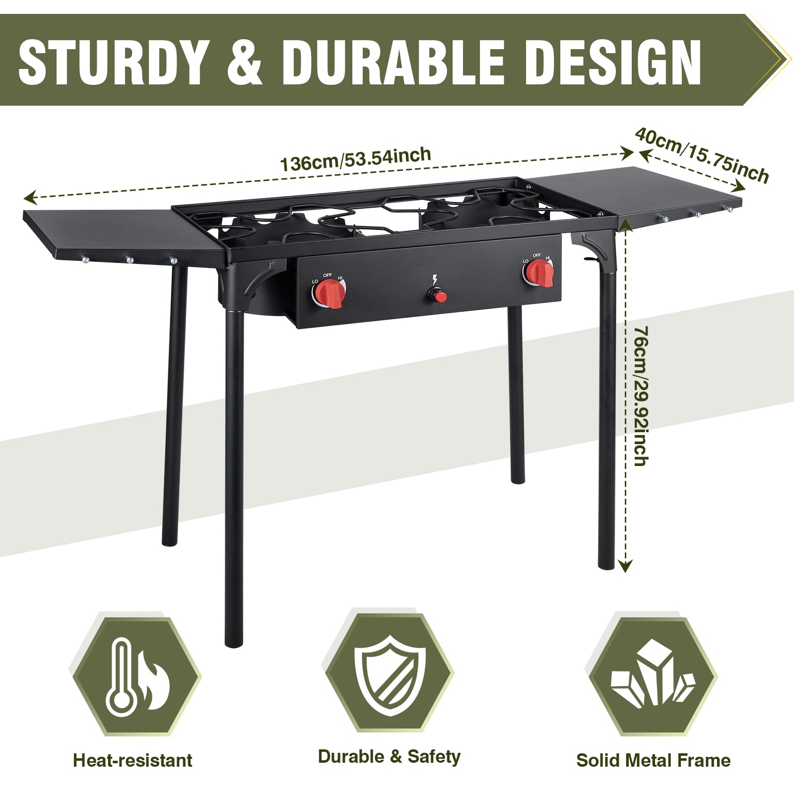 150,000 BTU 2-Burner Camping Stove with Auto Ignition, Side Shelves & Removable Legs