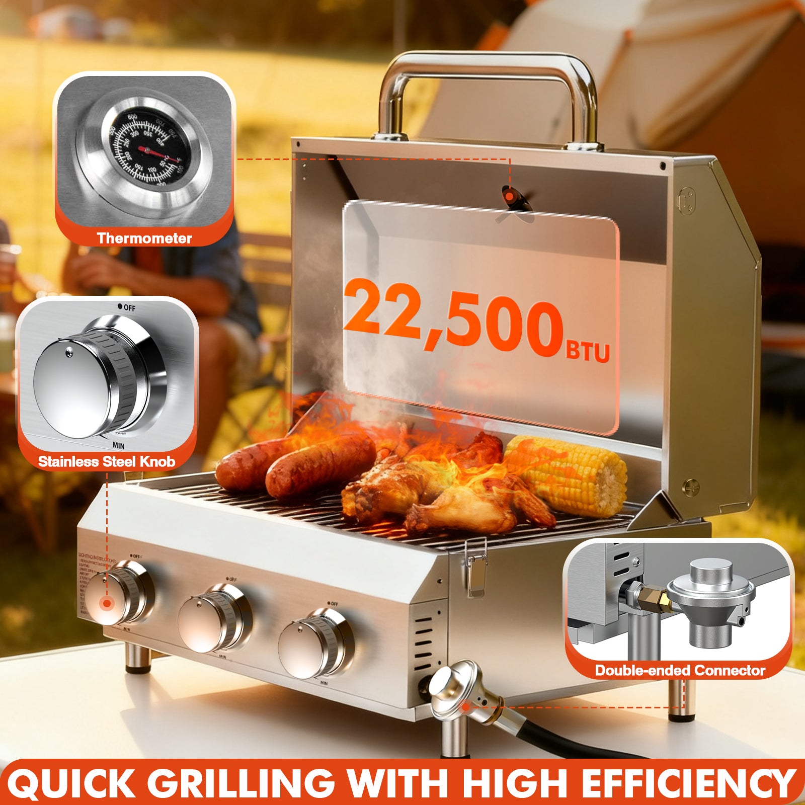 Frizi 3 Burner Gas BBQ Grill with Dual Fuel Adapter