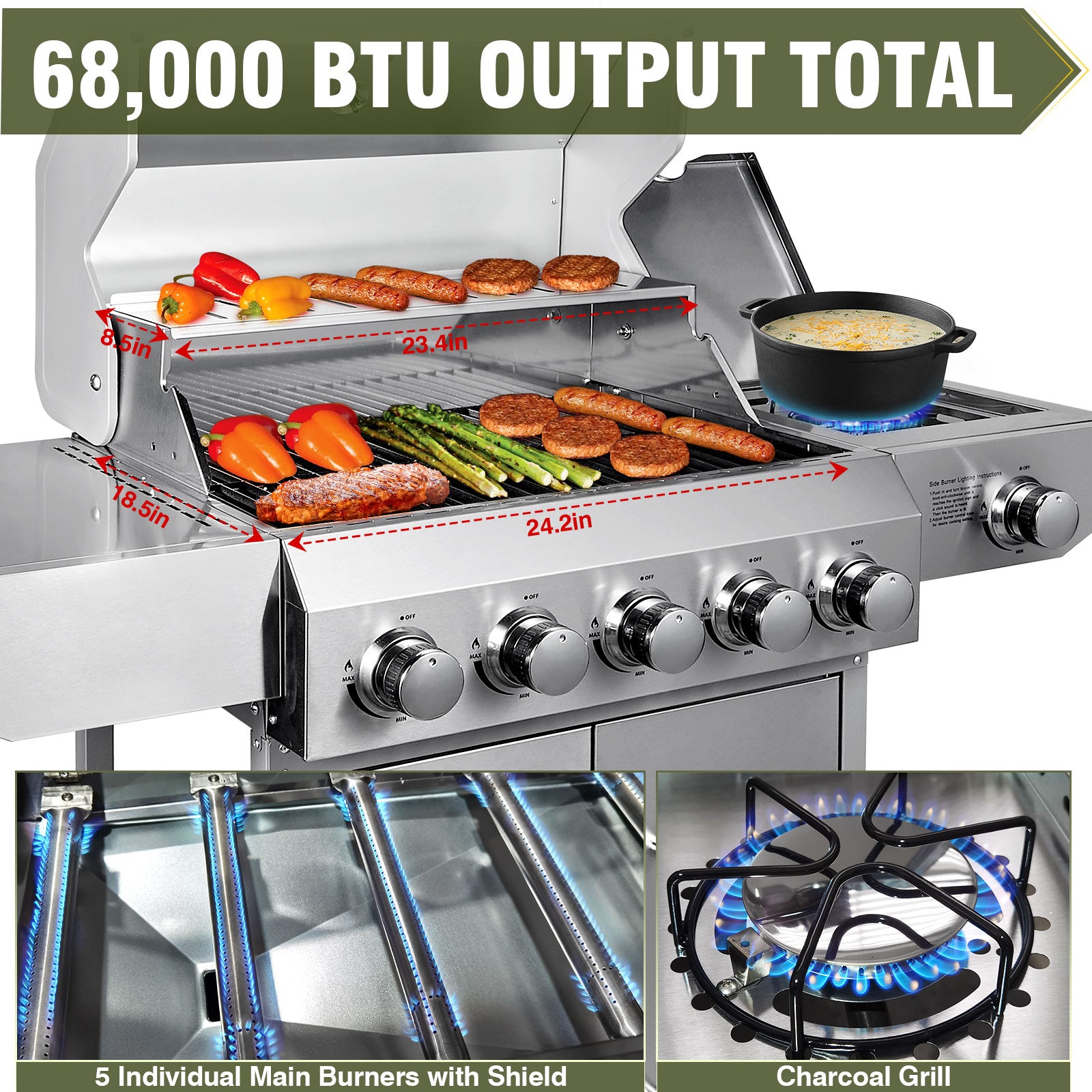 68,000 BTU 5-Burner Stainless Steel Propane Gas Grill with Side Burner – Outdoor BBQ Grill for Backyard