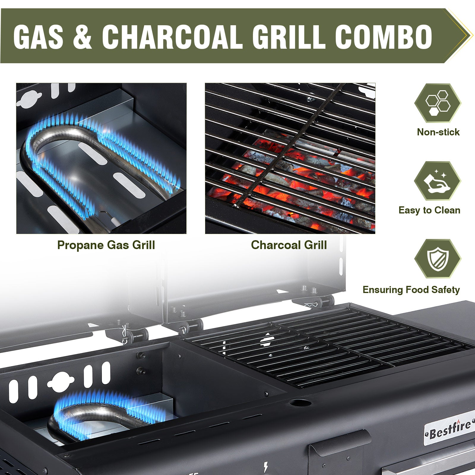Propane Gas Griddle Charcoal Grill Combo Flat Top Griddle W/Dual Lids & 2 Side Shelves Dual Fuel BBQ Grill for Outdoor Barbecue