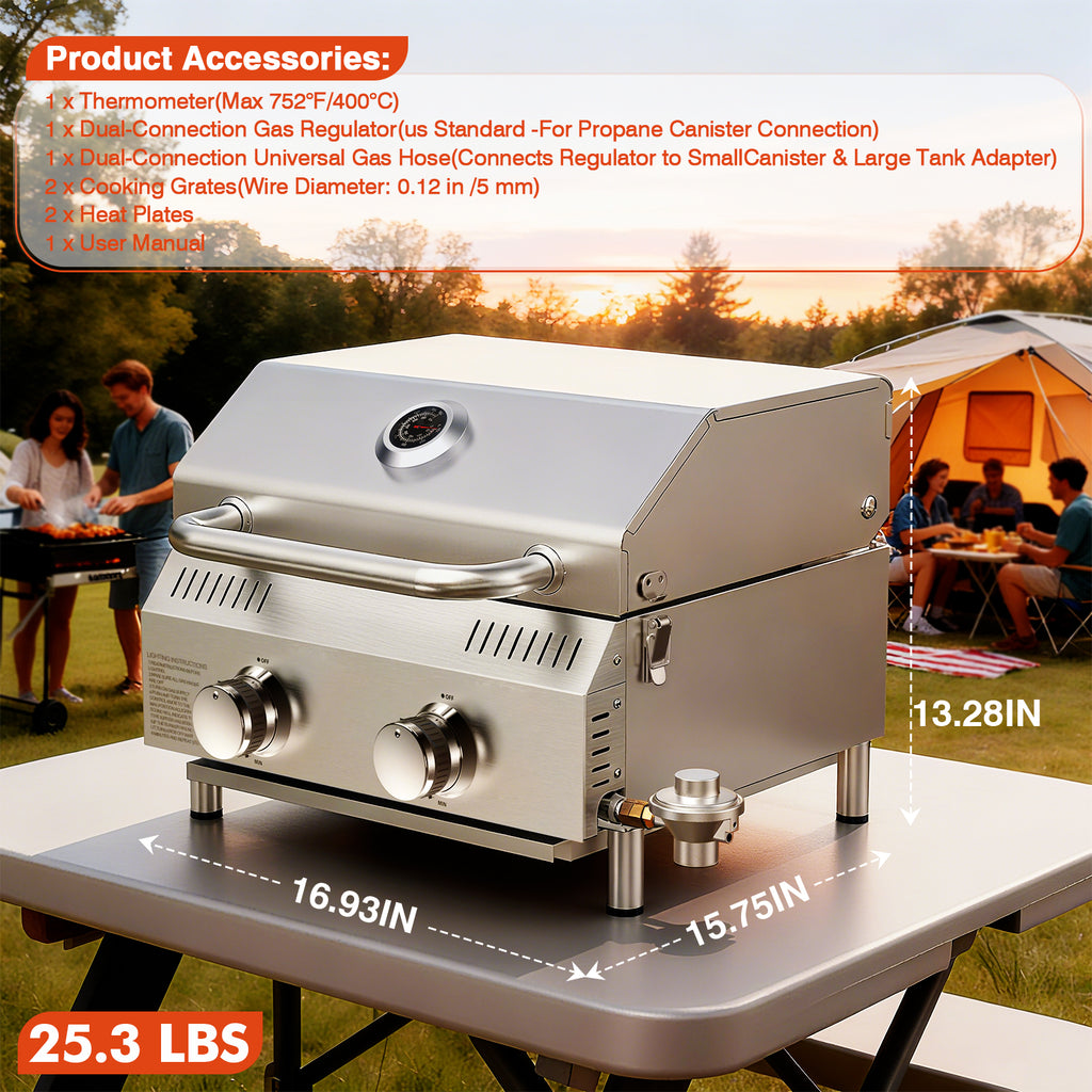 Frizi 2 Burner Propane Gas Grill with Dual Fuel Adapter